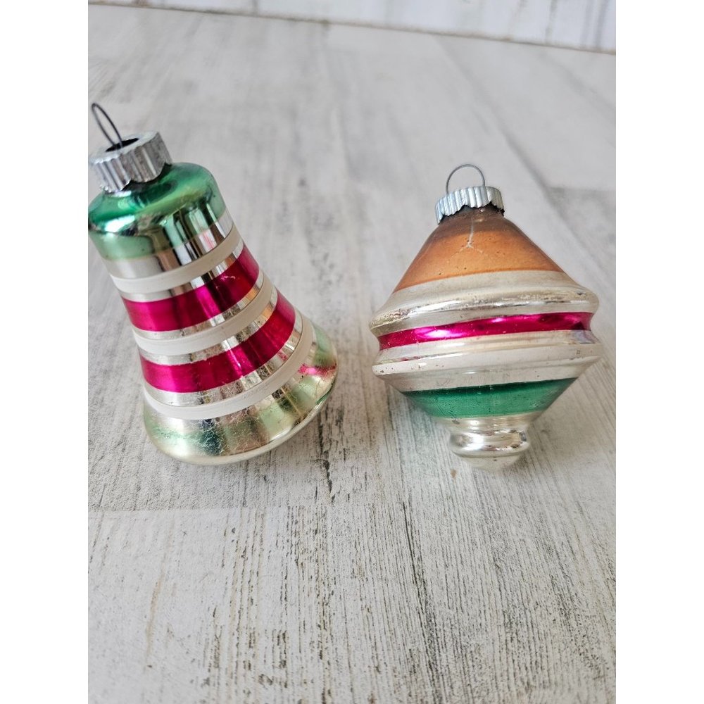 Vintage radko shiny bell topper UFO striped Mercury glass red green ornament Xma